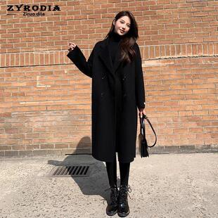ZYRODIA冬季新款赫本风中长显瘦外套韩版黑色茧型双面羊绒大衣女