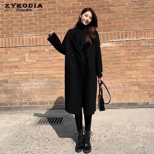 ZYRODIA冬季新款赫本风中长显瘦外套韩版黑色茧型双面羊绒大衣女