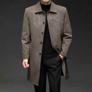 过膝款 新款 BB休闲翻领款 男中长皮风衣加厚脱卸内胆9215 皮衣 男士