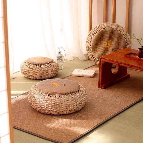 日式坐垫蒲团草编圆形榻榻米地板垫子加厚打坐垫禅修垫家用坐墩子