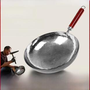 钛锅木柄纯钛锅章丘非铁锅圆底手工无涂层家用不粘锅老聂官