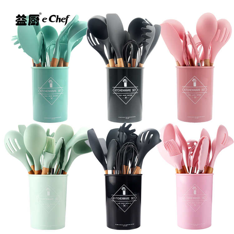 厂家定制12件套木柄硅胶厨具不粘锅烹饪铲勺漏铲厨房用品带收纳桶