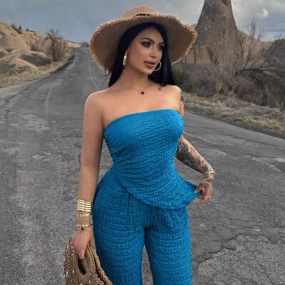 Women's one shoulder strapless sloping top and pants set