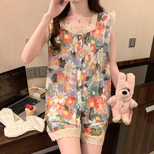 睡衣美多巴胺夏季女背心短裤蕾丝花边甜美家居服可外穿0812d