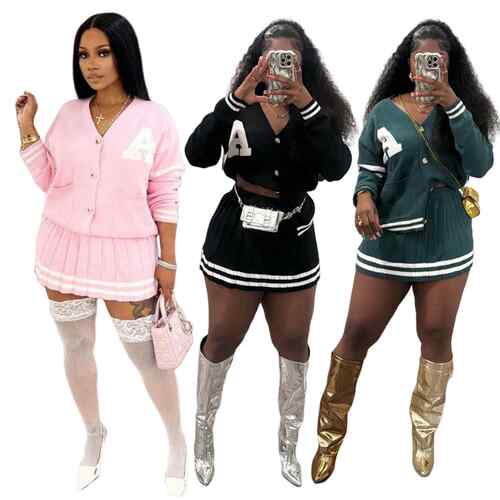 Women's Knit Cardigan and Pleated Skirt Set 2 Piece Outfit
