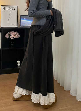 黑灰色蕾丝拼接裙裤25春季女大码胖mm假两件屁帘a字长款阔腿裤裙