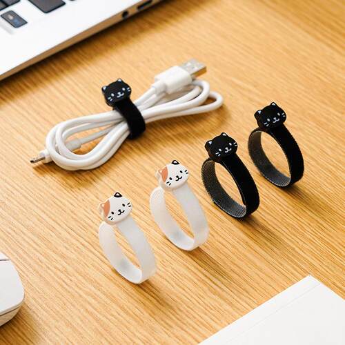 Cat-themed cable organizer straps, used for tidying and secu