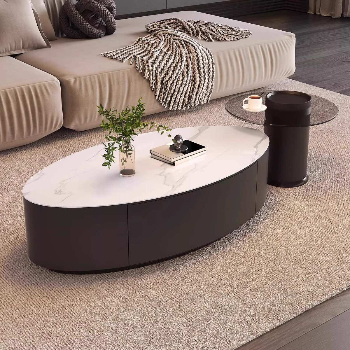 北欧高级轻奢意式家用茶几组合现代简约极简椭圆形岩板茶几小户