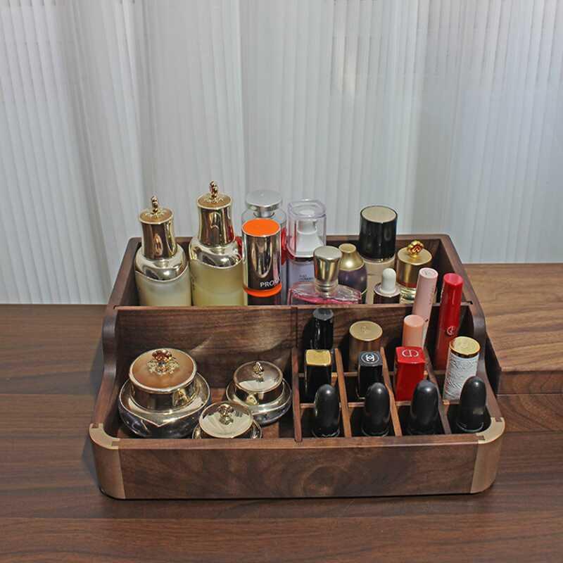 黑胡桃木高级化妆品收纳盒桌面护肤品置物盒大容量化妆台置物架
