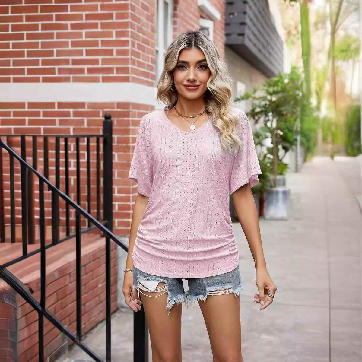 Womens T-shirt Hole Hollow V-neck Pleated Casual Top