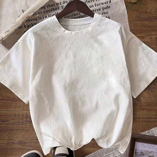 Shirt Women Solid Loose Daily Color Crew Neck Short Sleeve