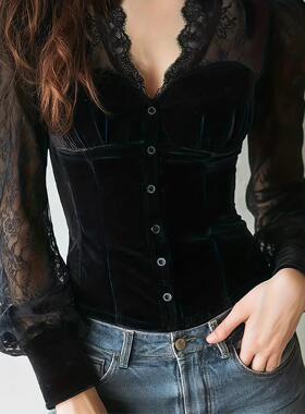 Women's Velvet Slim-Fitting Top with Lace Trim