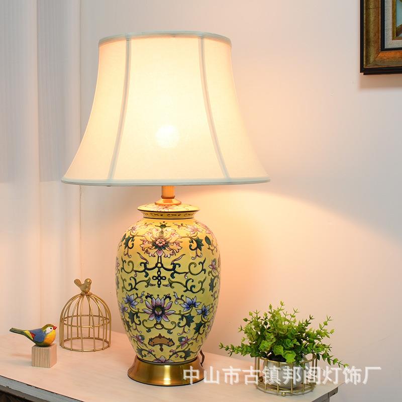 美式复古手绘荷花陶瓷台灯客厅装饰台灯卧室简约床头灯