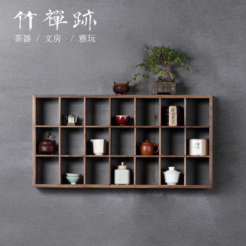 竹禅迹|壁挂式博古架 黑胡桃木多宝格茶杯架子茶具收纳挂墙置物架