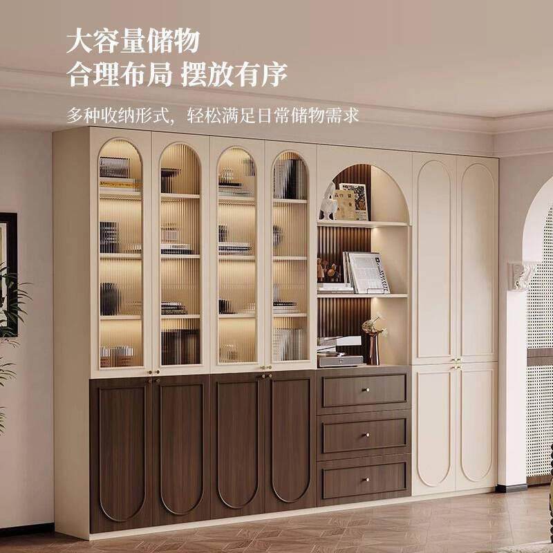 中古风书柜展示柜一体整墙家用法式复古风带玻璃门组合储物柜