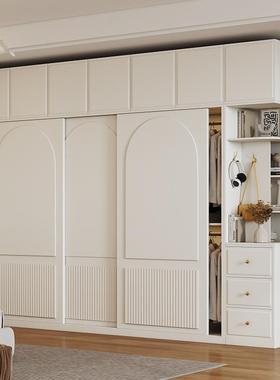 奶油风拉门衣柜简约现代白色卧室储物柜子小户型家用滑移门衣橱