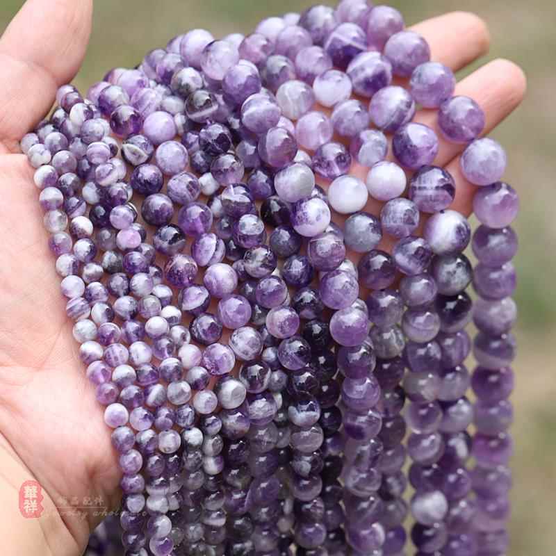 2025天然梦幻紫水晶圆珠 4-12mm白纹狗牙紫晶散珠子 diy手链项链