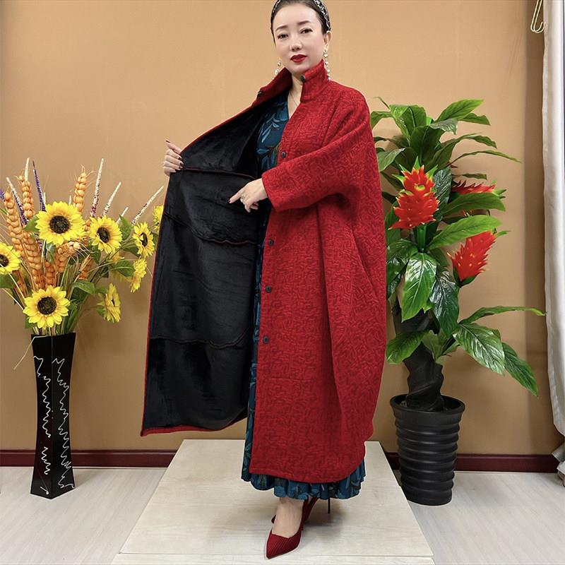 好货冬季新加绒外套韩版宽松大码阔版纯色风衣加长款200斤胖妈妈