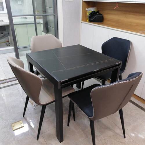 现代极简家用小户型可伸缩折叠省空间正方形变大桌岩板餐桌椅桌子