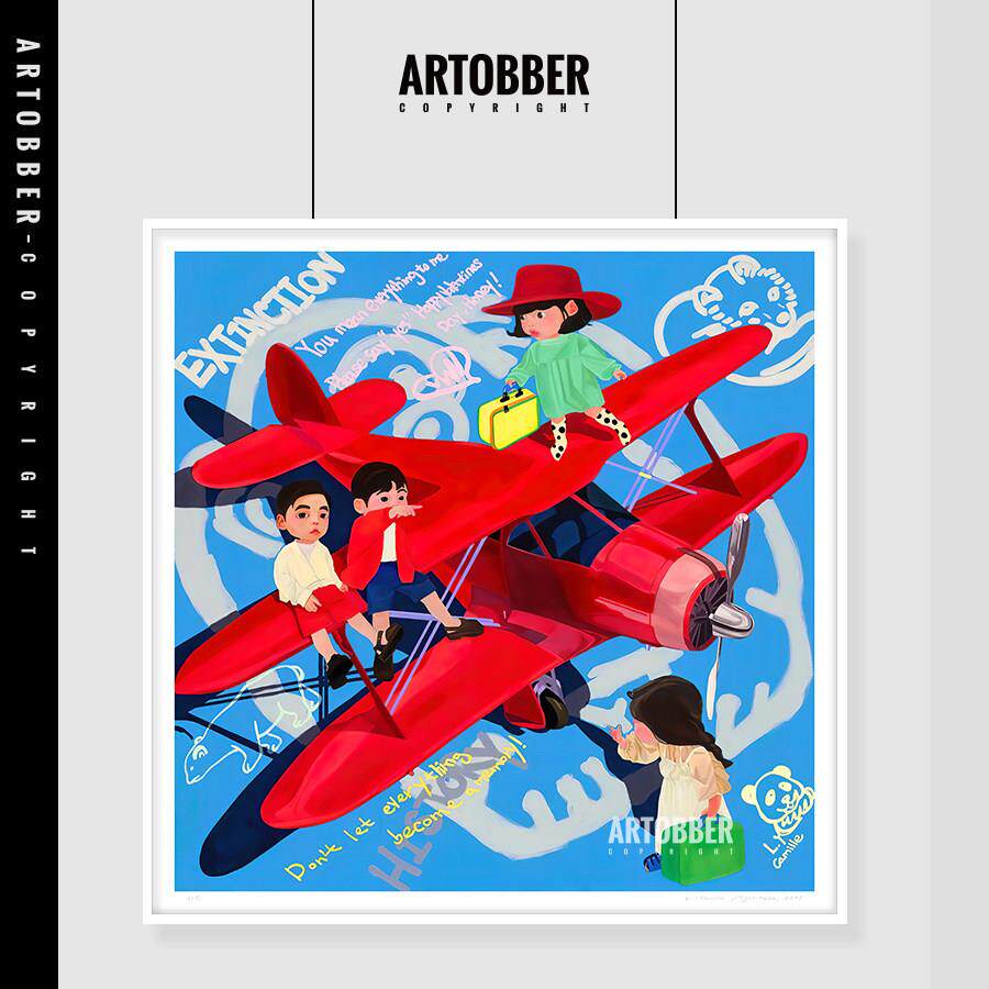 刘颖红色飞机1.5m大尺寸客厅沙发背景艺术卡通装饰画 画离别之日