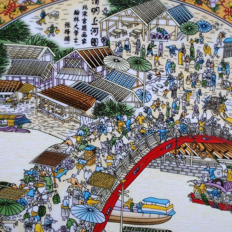 厂家粉彩古典人物清明上河图陶瓷装饰纪念盘子办公室摆件批