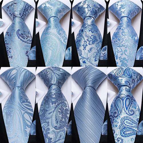 Light Blue Paisley Striped Silk Ties For Men Handkerchief Cu