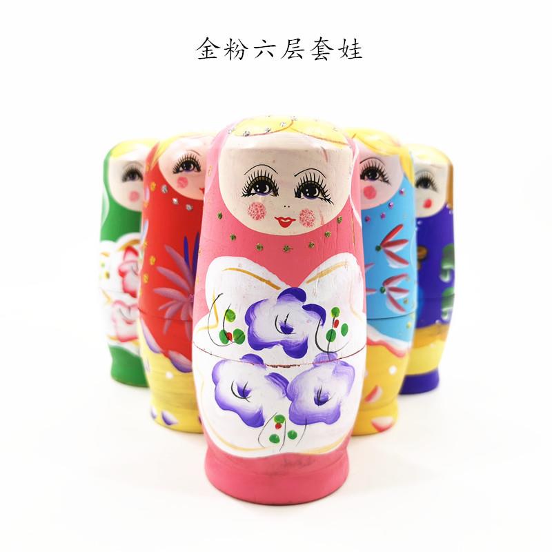 金粉六层彩绘套娃 木质彩色6层俄罗斯套娃 景区热销工艺品摆件