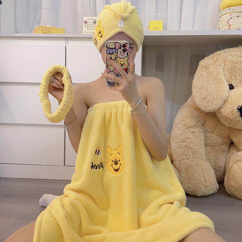可爱卡通裹巾浴巾女2025年新款浴裙可穿可裹浴袍吸水毛巾浴帽家用