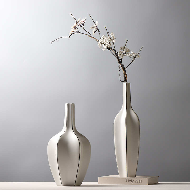 小口径水培花瓶创意线条拼色插花陶瓷装饰品简约酒柜哑光杨桃摆件