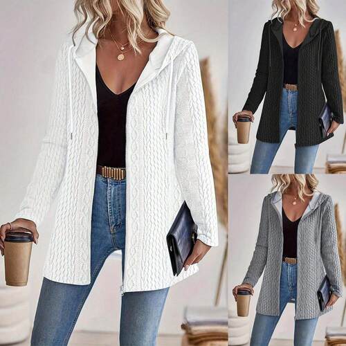 Women's Casual Fitted Textured Knit Zipper Hooded Cardigan