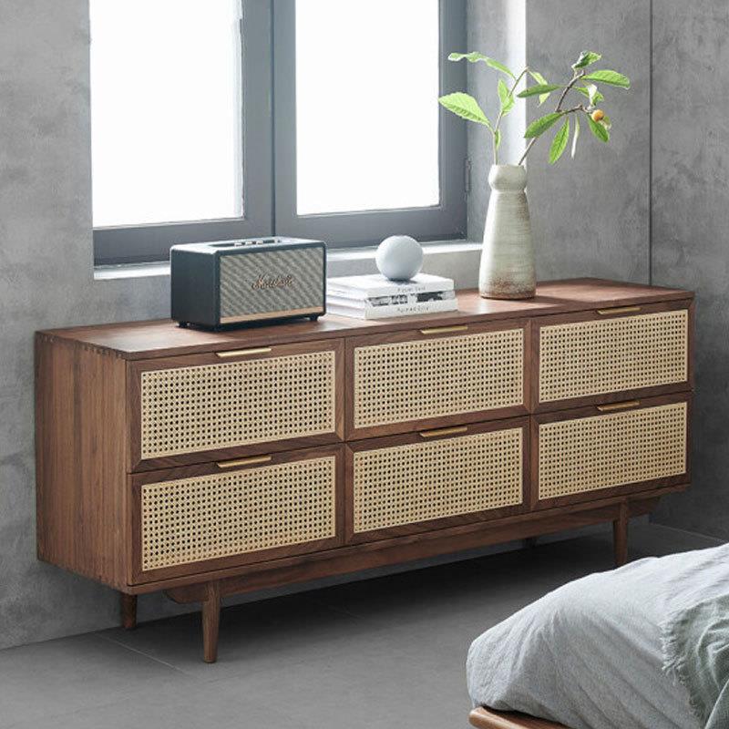 北欧黑胡桃木复古全实木藤编六斗柜客厅餐厅边柜卧室储物柜收纳柜