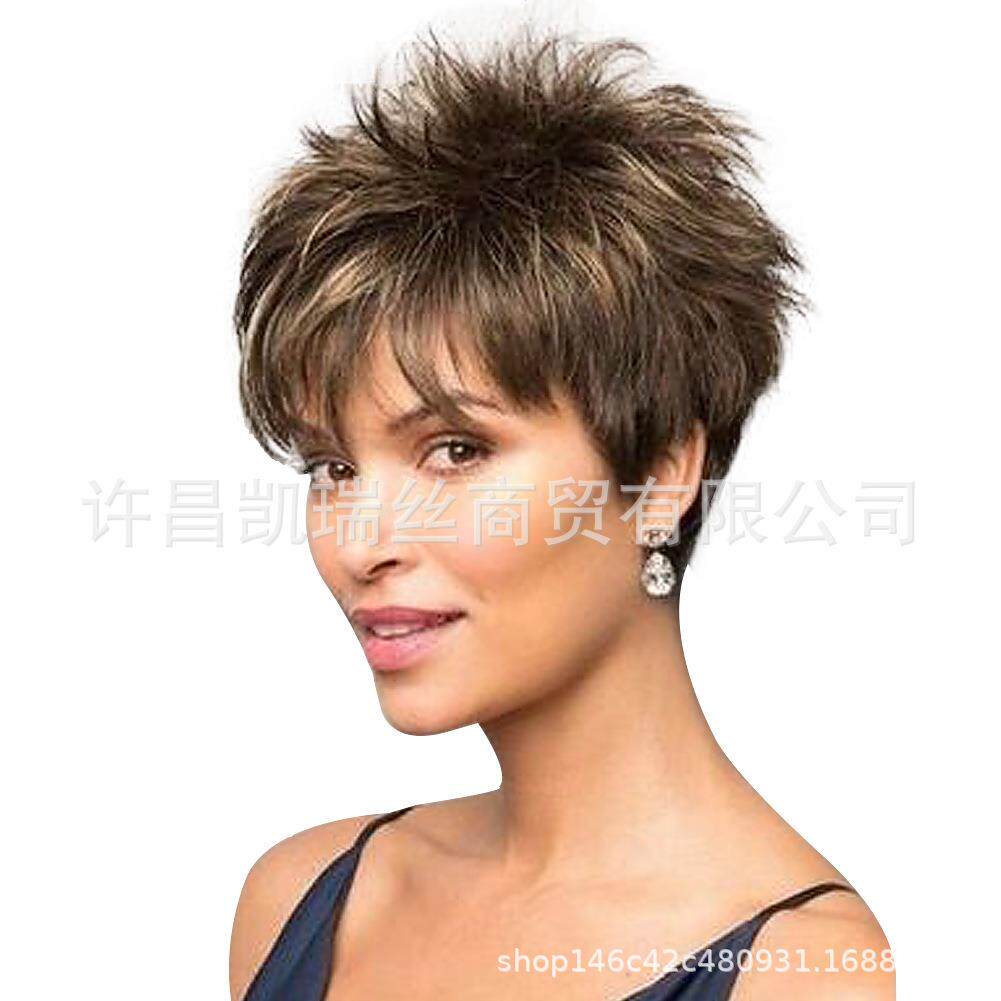 新款直销亚马逊新款欧美女士短发棕金色假发头套斜刘海高温丝玫瑰
