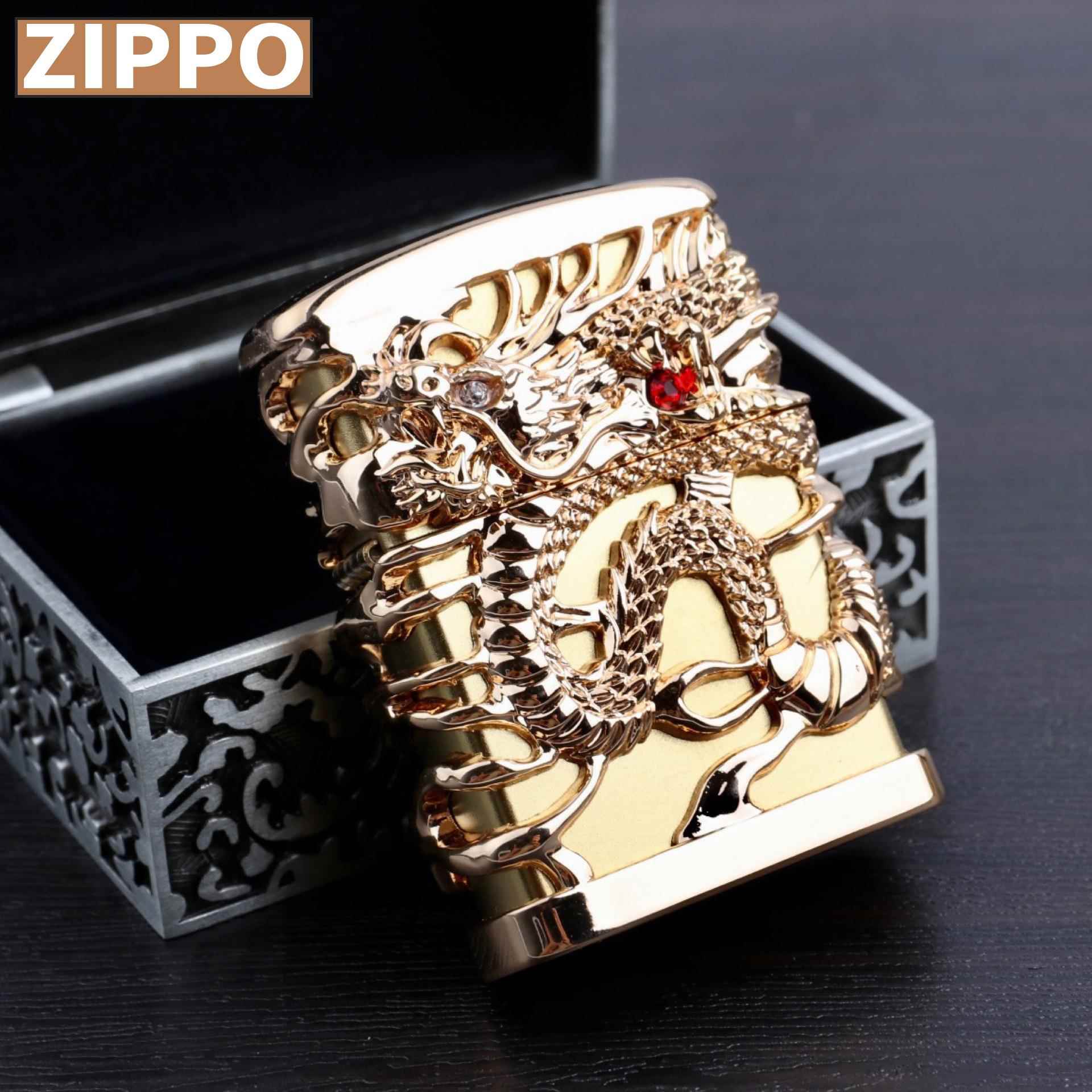 Zippo芝宝正品防风打火机DIY红眼金龙银龙镀金镀银重工套壳煤油机