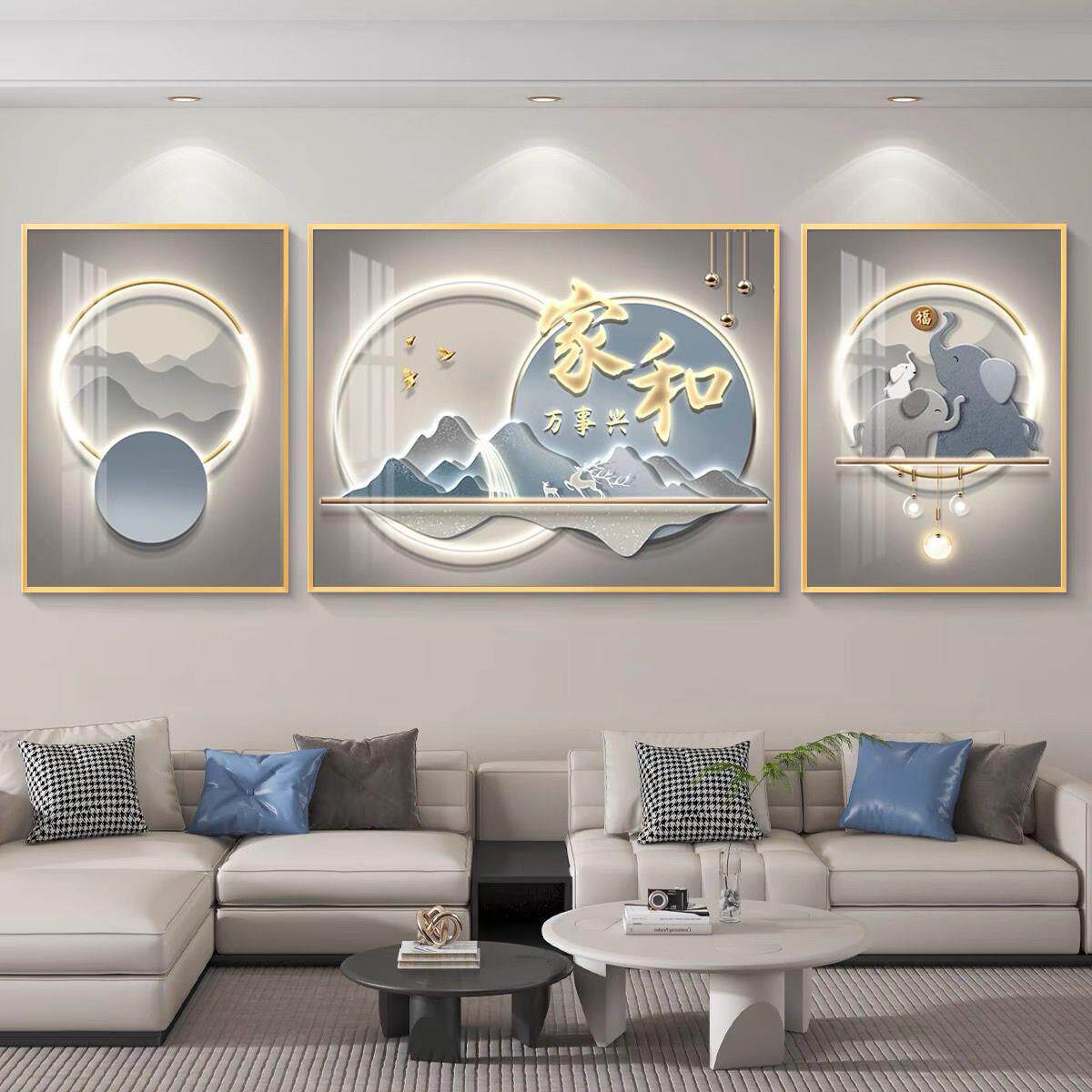 家和万事兴钻石画满钻新款三联画客厅轻奢麋鹿点钻十字绣全贴手工