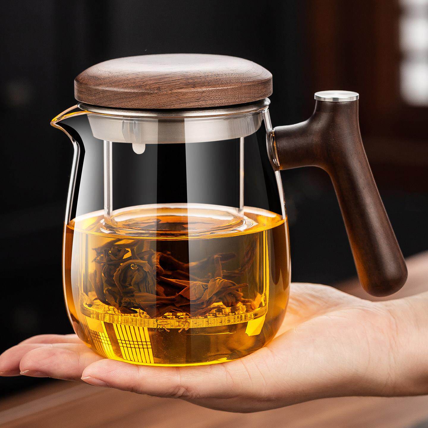 胡桃木侧把泡茶杯茶水分离三件杯加厚玻璃过滤花茶红茶壶冲茶器