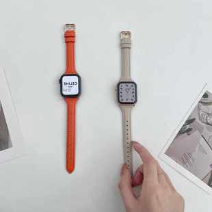 適用于蘋果手表iwatch7代小蠻腰簡約表帶123456se柔軟荔枝紋T型腕