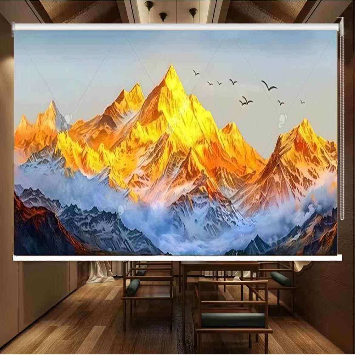 定做日照金山风景画卷帘客厅办公室遮阳防晒窗帘全遮光卷拉式挂画