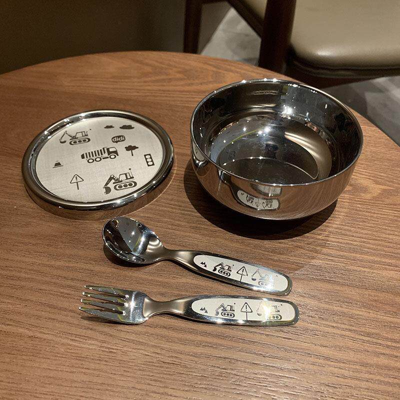 304不锈钢儿童碗防摔双层隔热防烫宝宝饭带盖子家用套装卡通可爱