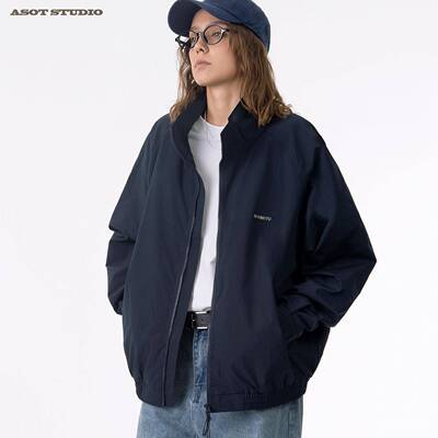 ASOT 美式复古刺绣字母加厚立领外套男女秋冬双拉链立领防寒夹克