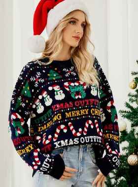 women autumnwinter christmas sweater xmas tree round neck