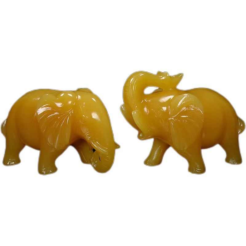 黄玉大象摆件玉石一对装饰品雕刻客厅米黄玉工艺品厂家吸水大象