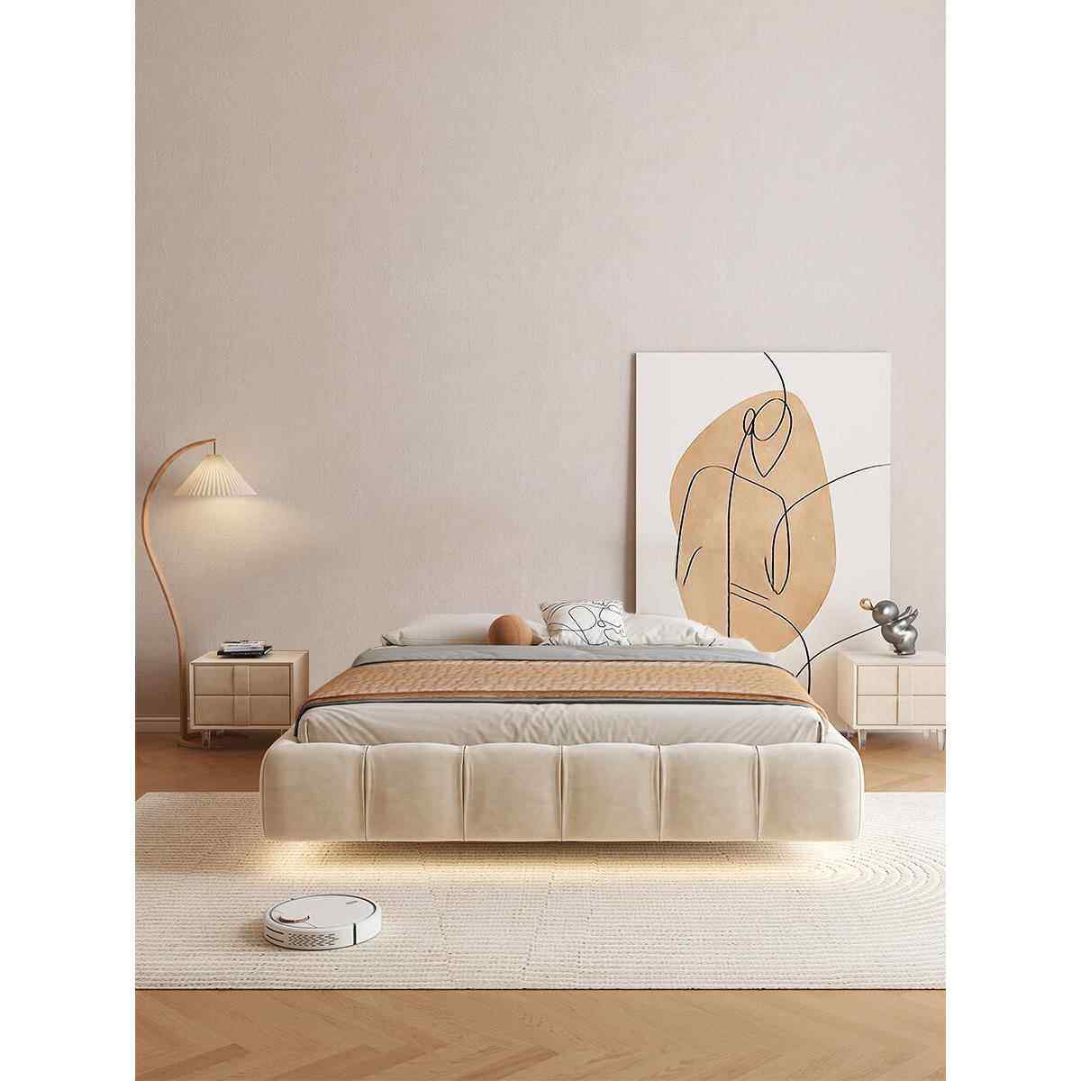 无床头泡芙悬浮T床CKF架B&Buf空ty极简网红悬面主卧包奶油风榻榻