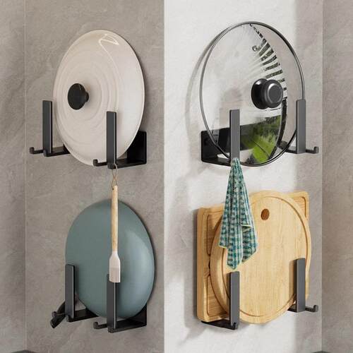 Wall-mounted pot lid rack with no-drill cutting board holder