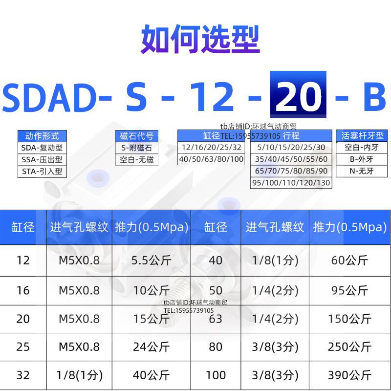 大推力12双出薄型气缸SDAD16X20X25X32X40X50X63X5X10X15X75X100S