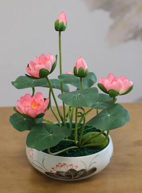 彷真莲花摆件睡莲荷花花盆桌面花艺中国风餐桌电视柜装饰摆饰绢花