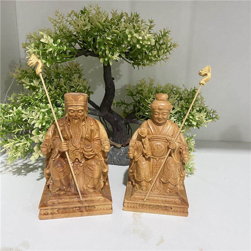 黄杨木雕人物龙拐土地公土地婆神像福德正神财神汽车摆件崖柏木