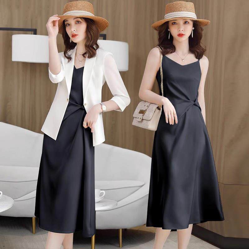 黑色醋酸洋装女夏季2025新款上班服高级感小西装吊带裙两件式套装