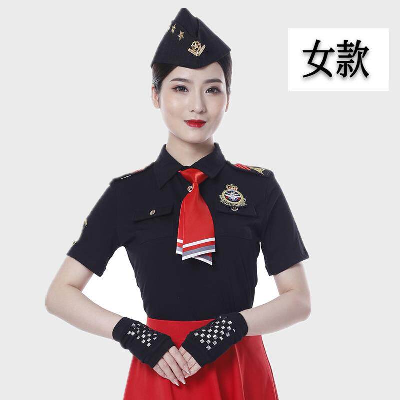 新款水兵舞短袖套装女夏季T恤翻领上衣全新臂章广场舞演出服纯棉