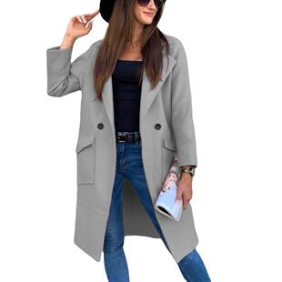 Long sleeved suit collar pocket woolen coat