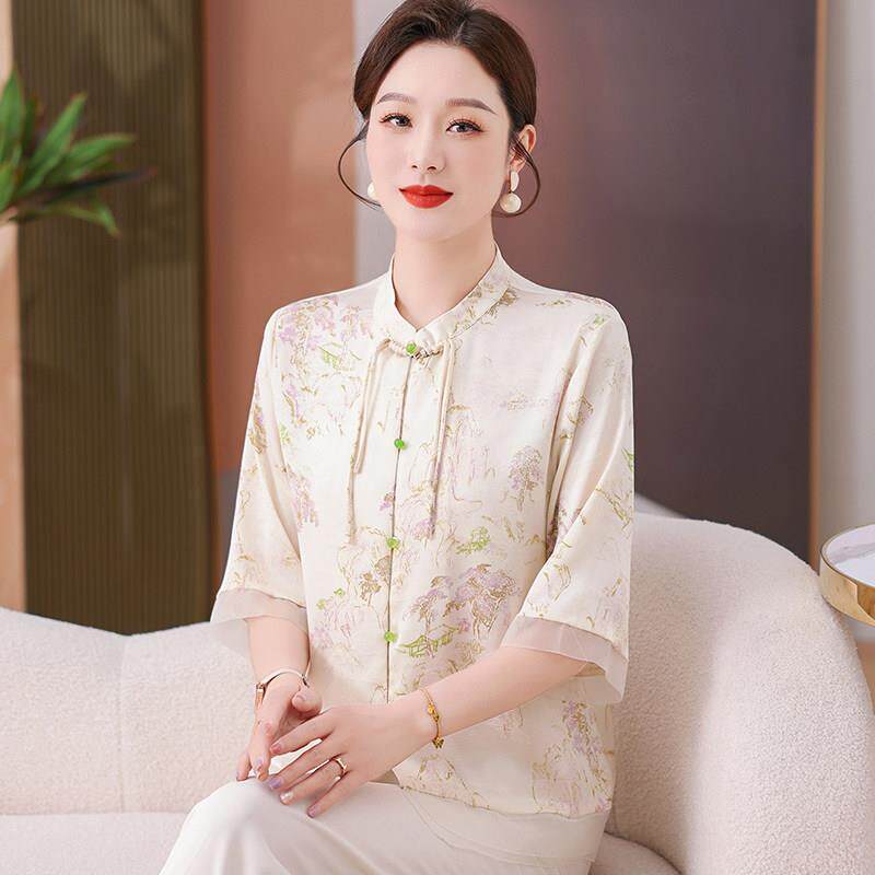 【桑蚕丝100%】中年妈妈夏装衬衫女纱袖显白真丝立领上衣两件套薄
